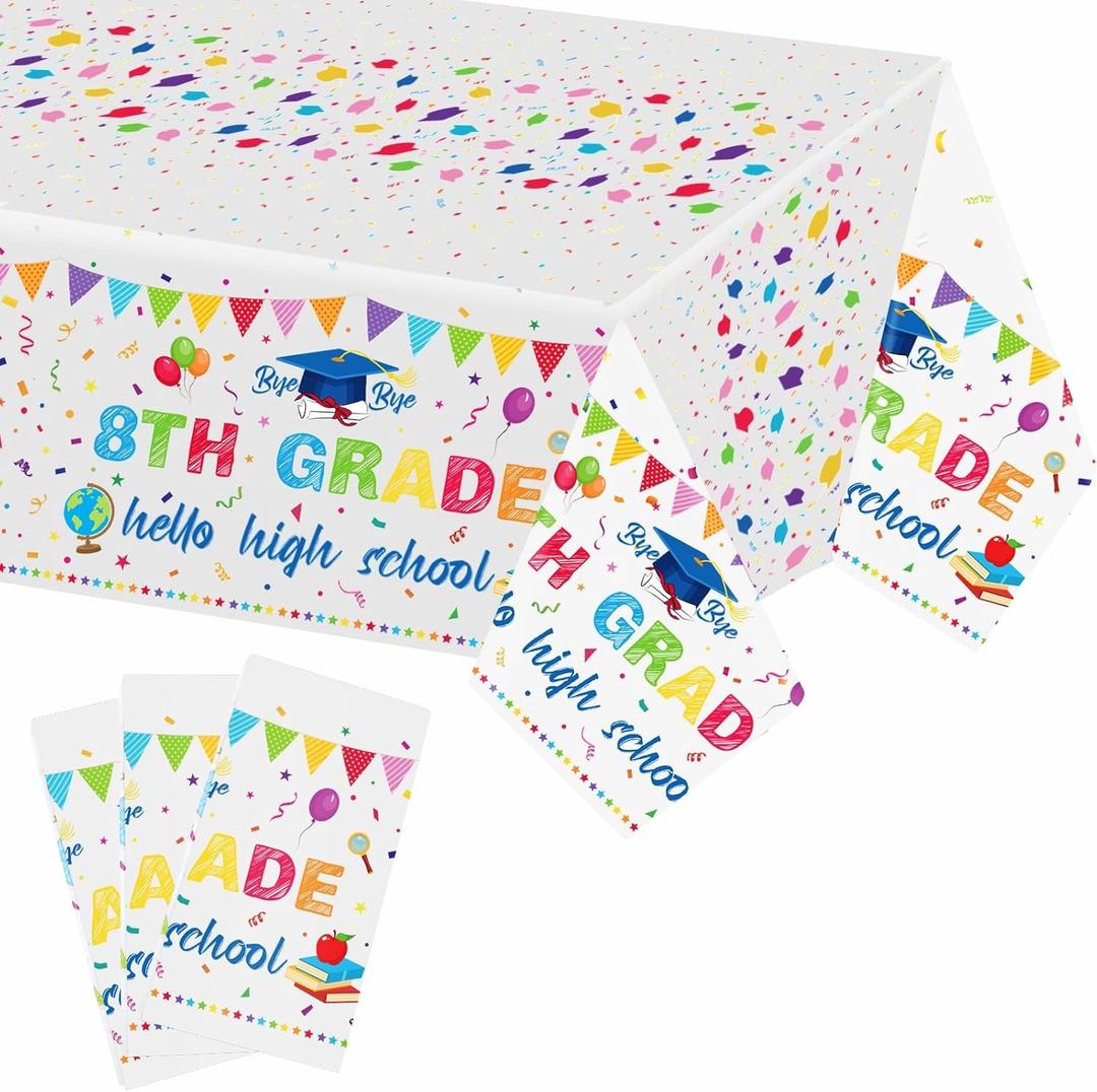 3 Pcs 8th Grade Graduation Tablecloth Decorations Plastic Table Cover 54 x 108 Inch Grade Hello High School Graduation Confetti Party Decor for Congrats Grad 2025(White)