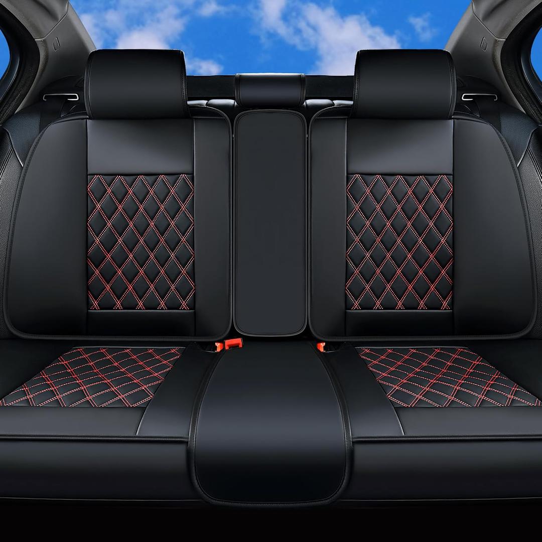 Huidasource Rear Seat Cover, Nappa Leather Back Seat Cover Velcro Adjustable, Compatible with Armrests, Seat Belts, Child Safety Seats, Fit for Most Cars SUVs Trucks (Back Row/Black&Red)
