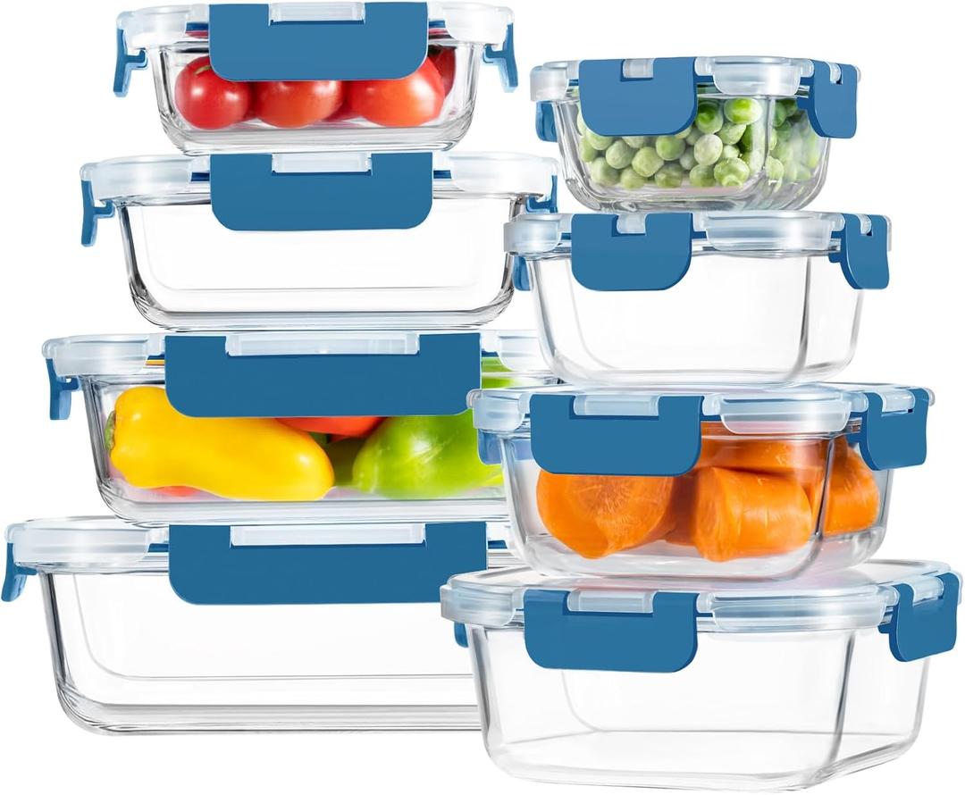 HOMBERKING 8 Pack Glass Food Storage Containers with Lids, Meal Prep Containers, Airtight Bento Boxes with Leak Proof Locking for Microwave, Oven, Freezer and Dishwasher, BPA Free, 5-35oz, Deep blue