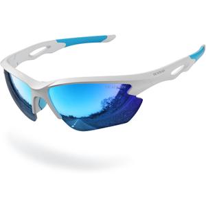DEAFRAIN Polarized Sports Sunglasses for Men Women Cycling Running Fishing Glasses TR90 Unbreakable Frame UV Protection Z87 (Bright White/Blue Frame/Ice Blue Revo Lens)