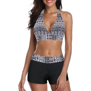 Zando Women's Two Piece Halter Swimsuit Athletic Push Up Bikini Set Swimwear with Boyshorts Sporty V Neck Bathing Suit L