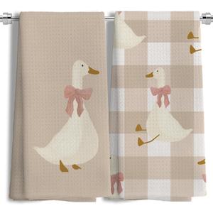 Light Coquette Bow Plaid Goose Kitchen Towels Set of 2, Neutral Beige Checkered Dish Tea Towels for Kitchen Decor, Cute Goose Animal Hand Towels for Bathroom Decor, 16x24 Inches