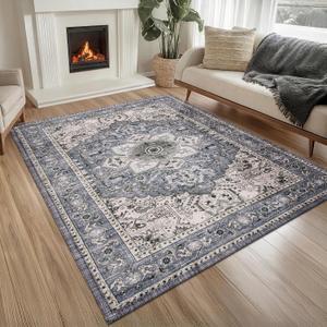 PURRUGS Vintage Farmhouse Boho Area Rug 5x7 ft, Non-Slip Machine Washable Rug, Accent Oriental Rug for Living Room, Dining Room, Bedroom, Entryway and Kitchen, Periwinkle Gray/Soft Ivory