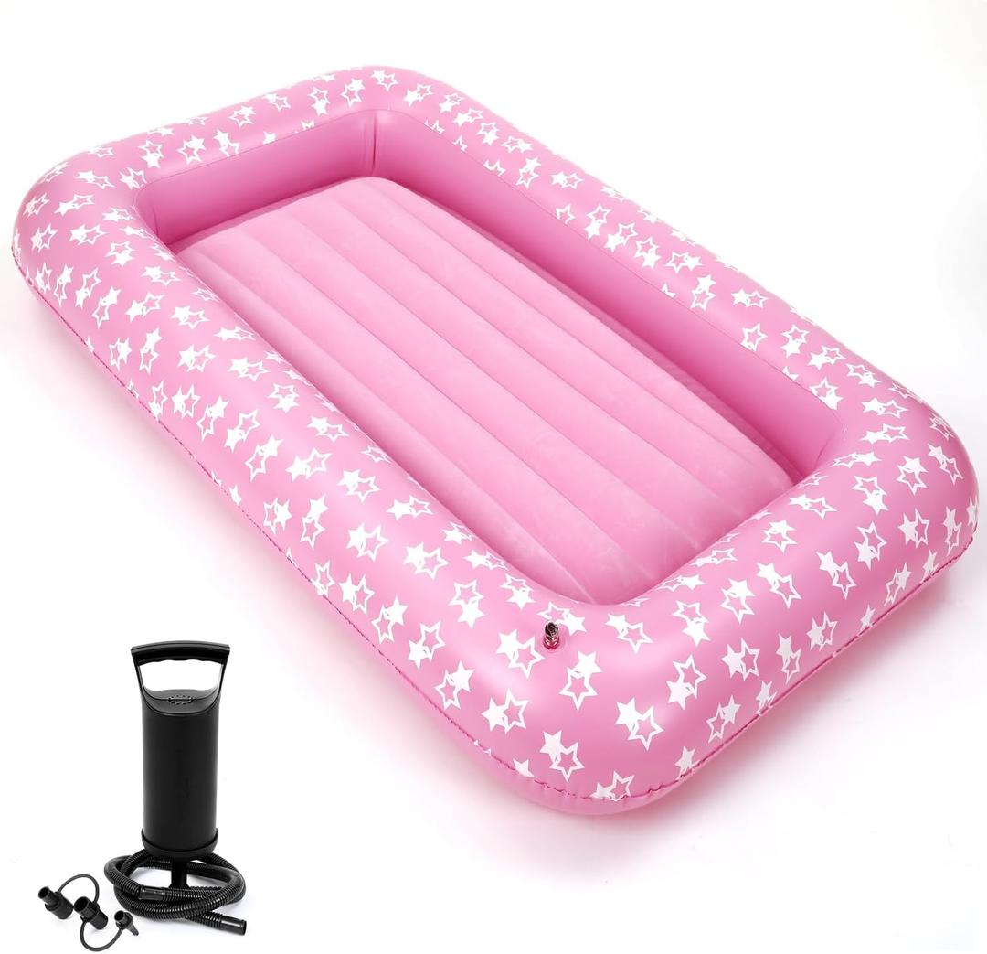 Junkin 71 Inch Travel Air Mattress Inflatable Bed Set with Raised Sides Hand Pump Pink Star Inflatable Sleeping Pads for Camping Backpacking Hiking Traveling Tent