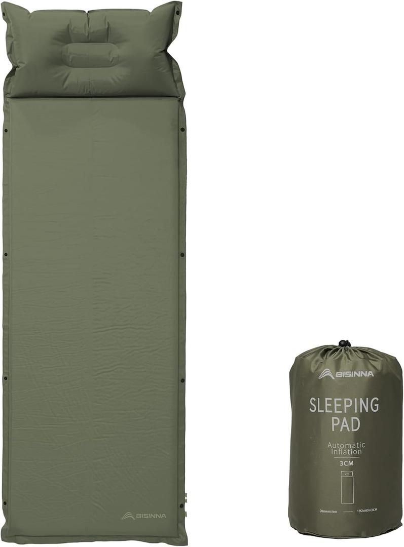 BISINNA Self Inflating Sleeping Pad Thick Foam Sleeping Mattress with Pillow for Camping Lightweight Insulated Sleeping Mat Fast Inflating for Camping Travel Car Tent (5cm, Green)