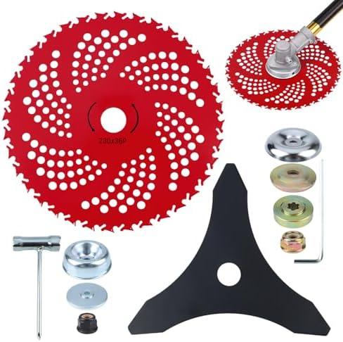 9 Inch 36T Carbide Tipped Brush Cutter Blade & 10 Inch 3T Heavy-Duty Trimmer Blade Combo with Universal Adapter Kit – Compatible with Weed Eater, Lawn Trimmers & Brush Cutters