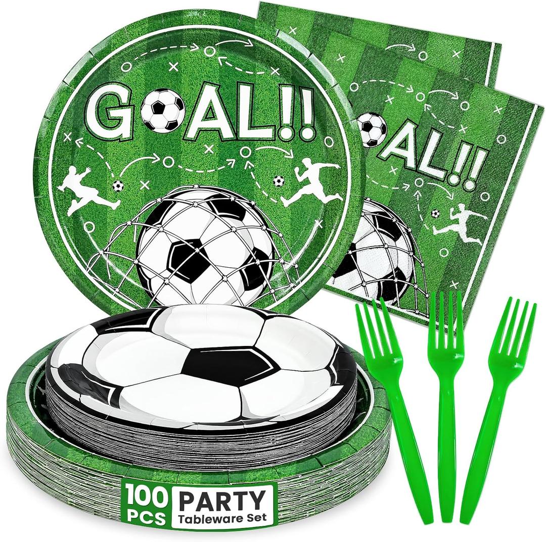 Mulbozy 100 Soccer Party Decorations, Soccer Themed Plates and Napkins Disposable Set Includes 25-9" & 25-7" Dessert Cake Plates, Napkins, Forks for for Birthday Party Supplies