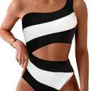 Leoparts Women's Color Block One Piece Swimsuits Monokini One Shoulder Cutout High Cut Bathing Suits Beachwear (Large, Black and White)