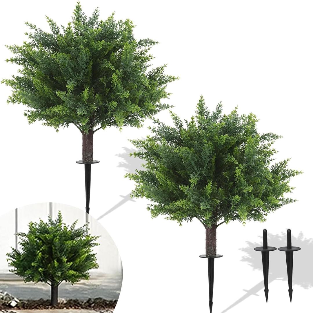 24.5 Inch Set of 2 Artificial Cypress Topiary Trees,UV Resistant Shrubs,Fake Outdoor Plants with Ground Spike for Spring Porch Decor