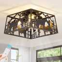 Rustic Caged Ceiling Fans with Lights and Remote, Vintage Horse & Western Cowboy Design, Black Low Profile Flush Mount Fandelier or Chandelier for Cabin, Man Cave, Bar, Farmhouse Bedroom, Dining Room