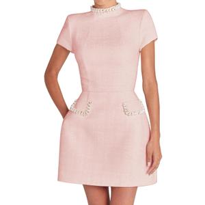 LuFeng Womens Sexy Short Sleeve High Neck Pearls Mini Dress Party Clubwear Club Bodycon Short Dresses (Small, Pink)