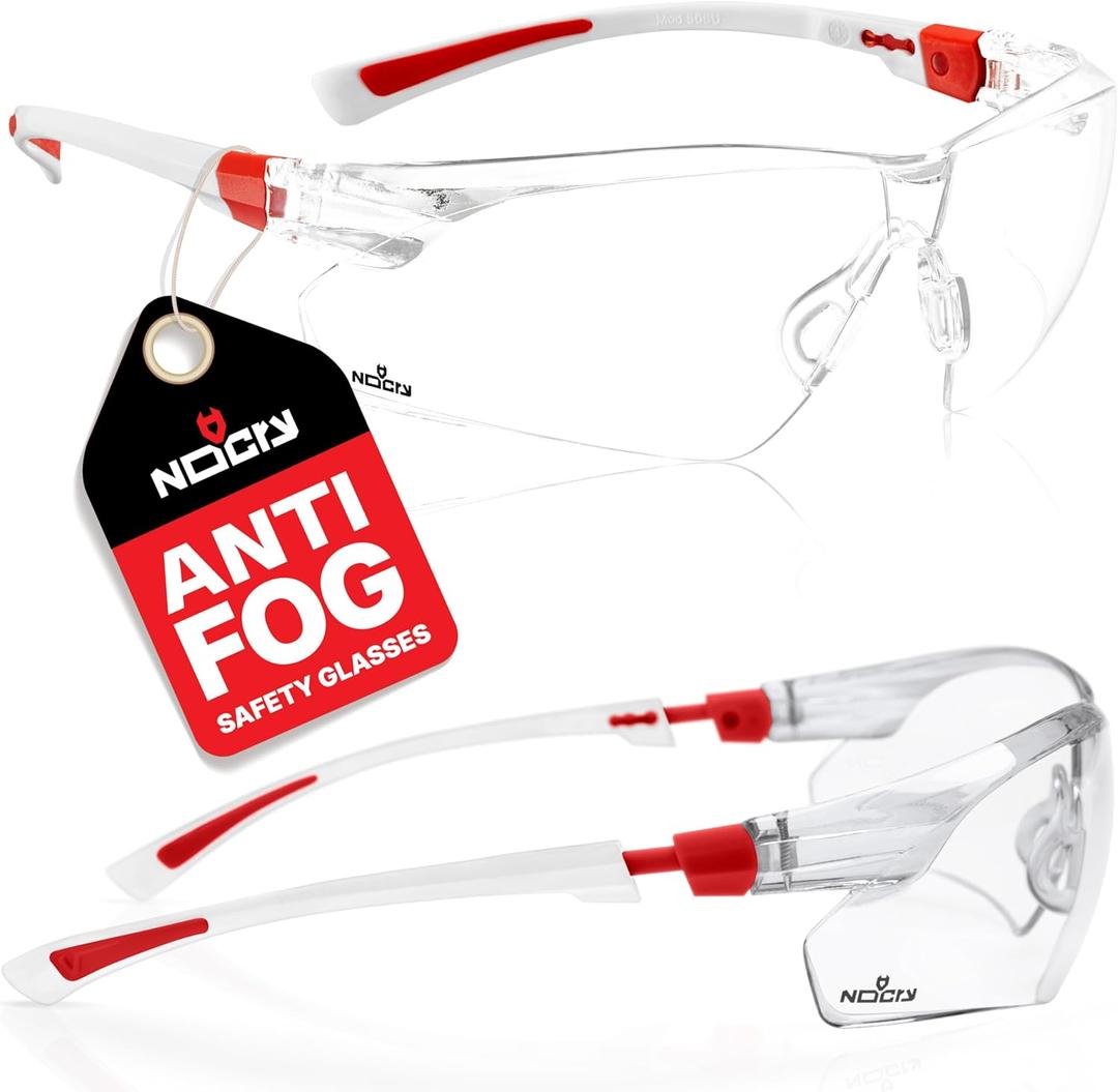 NoCry Clear Safety Glasses for Men and Women; Lightweight Work Glasses with Adjustable Frames and No-Slip Grips; Scratch Resistant Anti Fog Safety Glasses with Superior UV Protection, ANSI Z87.1 Rated (White & Red)