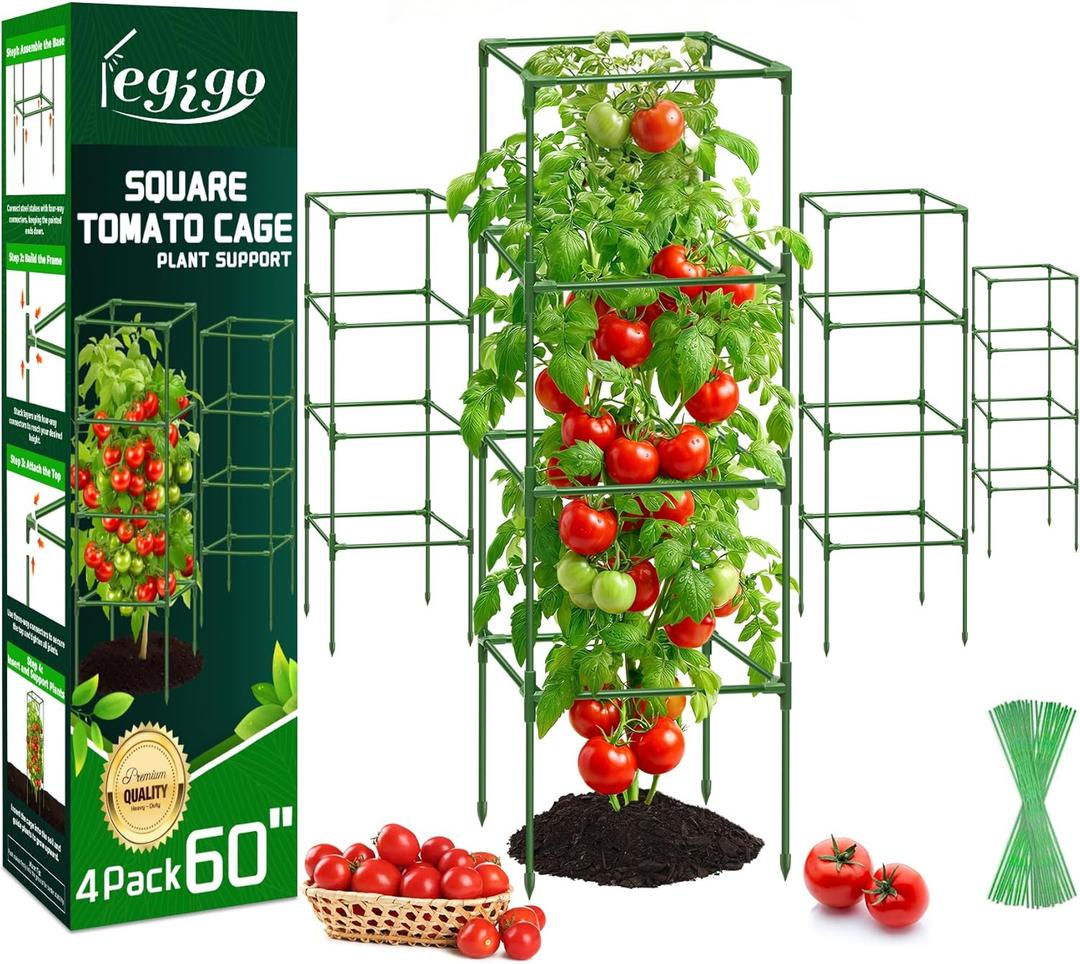 Legigo 4 Pack Square Tomato Cages- 60 Inch Heavy Duty Tomato Trellis for Climbing Plants Outdoor, Tomato Plant Support Stakes Cage Garden Trellis for Garden Raised Garden Bed Cucumbers Vegetables