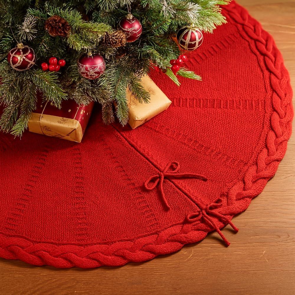 36 Inch Red Knitted Christmas Tree Skirt, Chunky Cable Knit with Braided Scalloped Edge, Perfect for Xmas Holiday Decorations