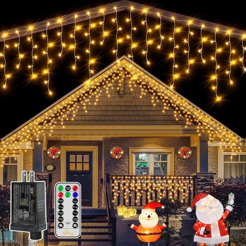 Ollny Icicle Lights for Outside 504LED 41FT, Warm White Christmas Light with Remote 8Modes Timers Waterproof, Plug in Connectable Hanging Lights for Outdoor Indoor House Roof Holiday