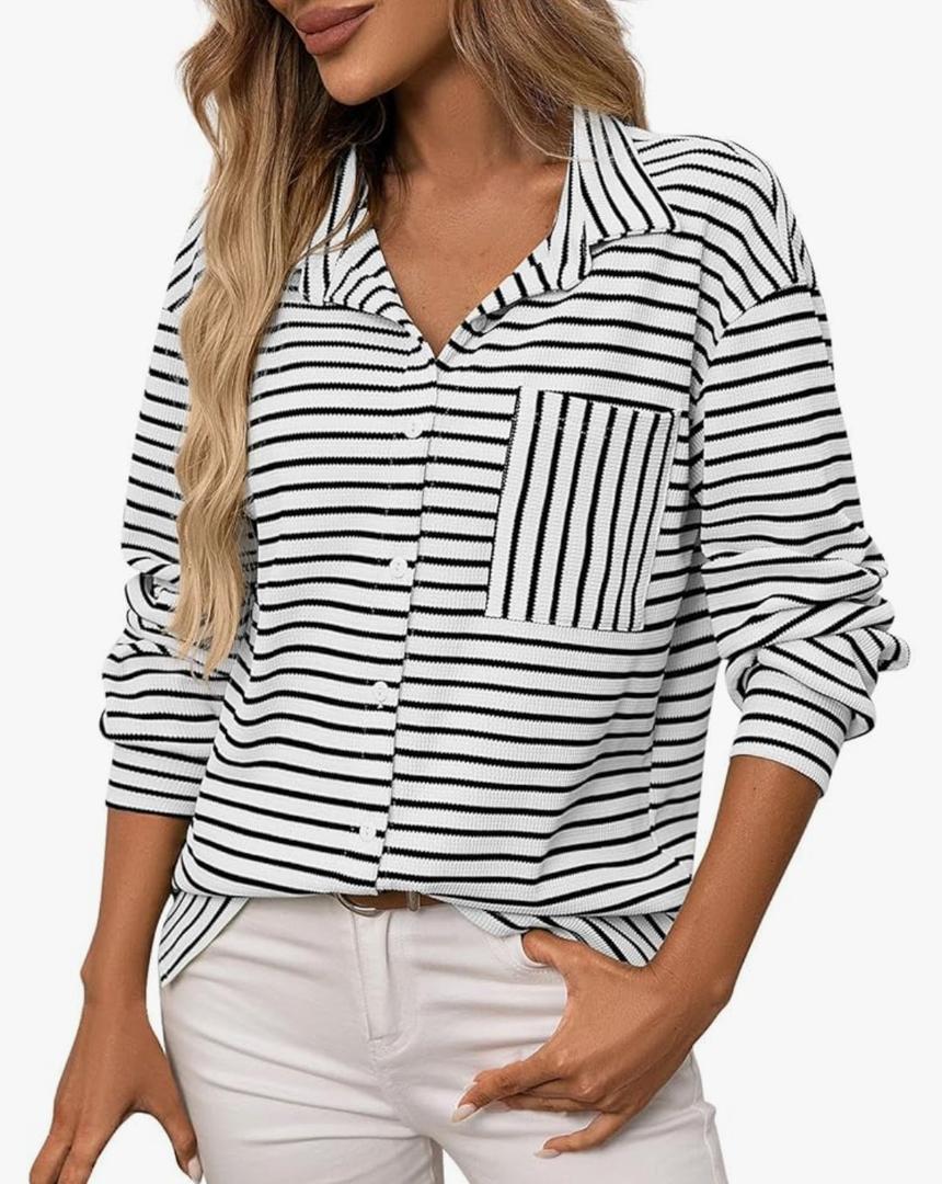 Astylish Women's 2025 Oversized Long Sleeve Shirts Button Up Striped Collared Front Pocket Top
L