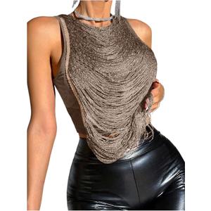 SOLY HUX Women's Fringe Trim Crop Tank Top Sleeveless Crew Neck Going Out Party Tops (Large)