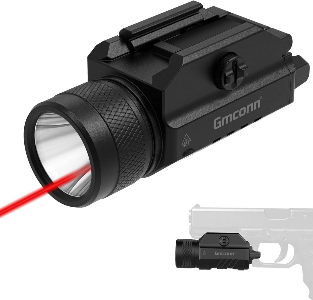 Gmconn 1250 Lumen Tactical Flashlight Red Laser Light Combo, Rechargeable Pistol Light with Strobe/Momentary Compatible with Picatinny