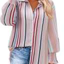 siliteelon Button Down Striped Shirts for Women Smocked Cuffed Long Sleeve Oversized Boyfriend Blouses Collared Work Tops (Pink, M)