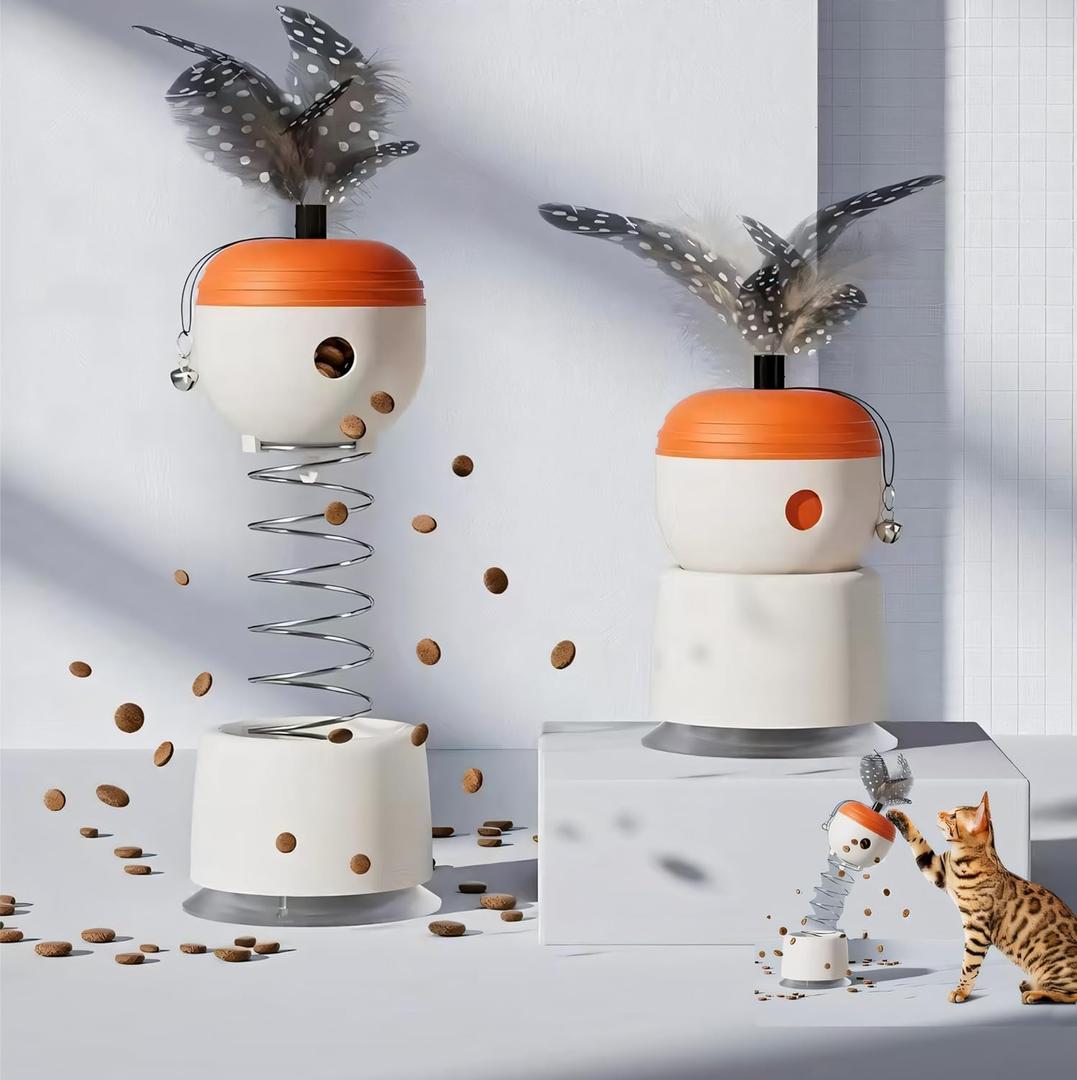 Interactive Cat Toy with Spring Swing, Suction Cup Base, Treat Dispenser, Pet Self Fun Toy, Slow Food DispenserOrange & White