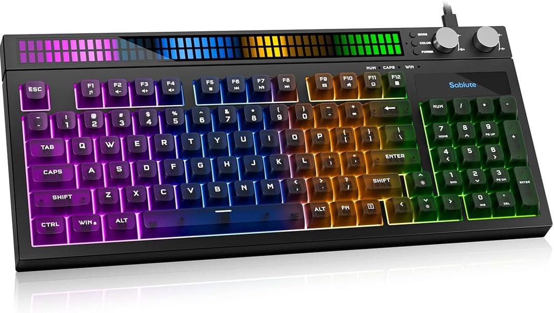 SABLUTE Quiet Wired Gaming Keyboard, 94-Key RGB Keyboard with Sound-Reactive Light Bar, Volume Control Knob, Anti-Ghosting, Compact Keyboard with Numpad for PC, for PS5, for Xbox, Black