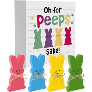 WOHOHOHO Easter Bunny Wooden Décor, 4 Pcs Bunny with Funny Easter Bunny Wooden Box Sign, Oh for Peeps Gift Wood Rabbit Tiered Table Decor for Farmhouse Kitchen Bathroom Office Party Supplies