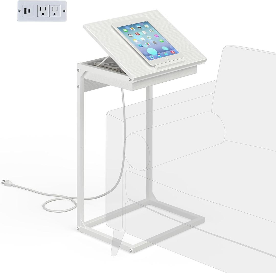C Shaped End Table with Charging Station, 45 Tiltable Adjustable Flip Top Side Table with Storage,Small C Table for Small Spaces,Slide Under Couch Sofa Bedside Table for Living Room,White