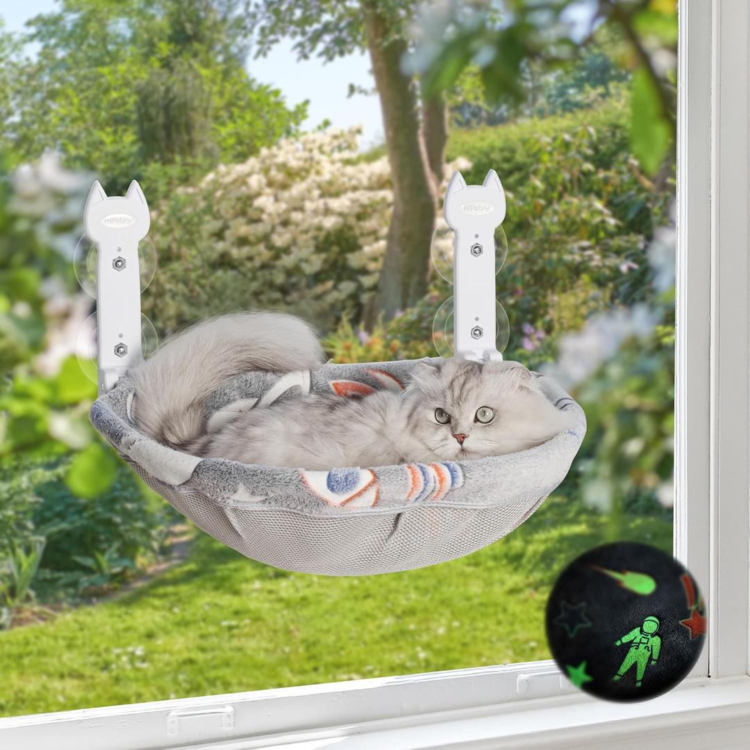 Cat Window Perch, Glow in The Dark Foldable Cat Hammock with Sunken Design & Removable Soft Cover, Breathable Cordless Window Bed for Resting Indoor Kitten (Grey Deep Perch, Medium)