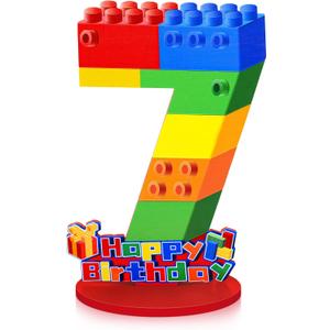 Building Block Birthday Party Decorations Wooden Birthday Number 7 Sign Centerpiece Colorful Number Party Centerpieces for Building Block Theme Table Decorations Photo Prop Birthday Party(Number7)