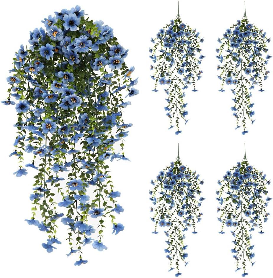 EROCK Artificial Flowers for Outdoors, 4PCS Fake Silk Hanging Flowers for Decoration UV & Fading Resistant, Realistic Faux Plants & Flowers for Porch Patio Balcony Window Box Home Decor (Blue)