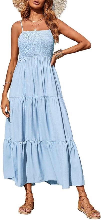 PRETTYGARDEN Women's Summer Maxi Dress 2025 Casual Boho Sleeveless Spaghetti Strap Smocked Tiered Long Beach Sundresses (Medium)