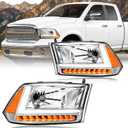 LED DRL Headlight Assembly,Fit 2009-2018 Dodge Ram 1500/10-18 Ram 2500 3500 4500 5500(Only fit factory dual beam halogen headlights, Additional H4 bulb required) Chrome Housing Amber Reflector