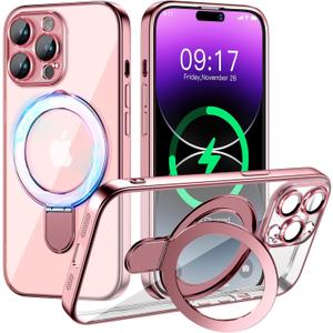 Magnetic for iPhone 14 Pro Case with Invisible Stand[Compatible with MagSafe][Full Camera Lens Protector][Military Drop Protection] Shockproof Not Yellowing Clear Slim Soft for Women Men (Pink)