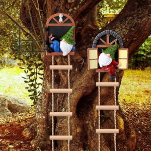 Thyle 4 Pieces Garden Gnomes Outdoor Tree Hugger Gnome Fairy Statue Elf Out the Door Resin Figurine Hanging Ladder Decoration Tree Faces Decor Outdoor for Patio Yard Lawn (Woodland Style)