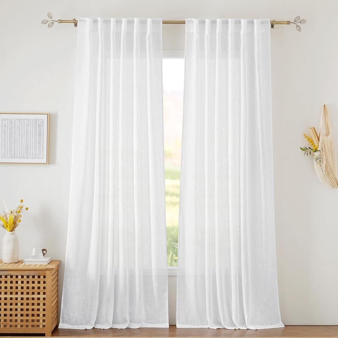 RYB HOME Linen Sheer Curtains for Living Room Textured Semi Sheer Curtains Large Window Treatment for Bedroom Patio Door, White, 52 inch Width x 108 inch Length, 2 Panels