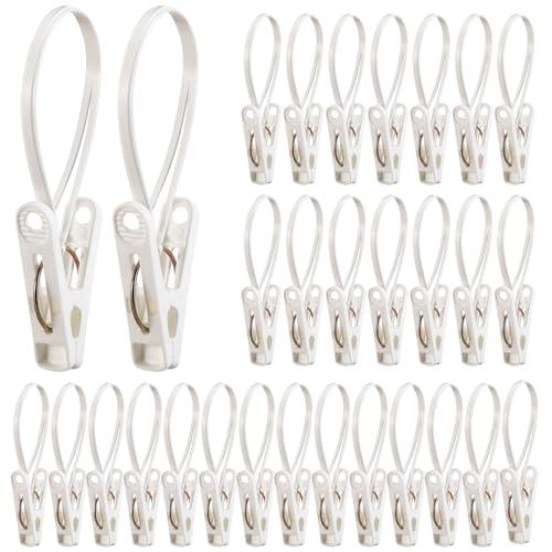 Honeydak 30 Pack Multi-Purpose Laundry Hooks Hanging Clips Bulk with Plastic Rope Hanger Clips for Baby Clothes Closet Organizer for Pants Hat Sock Boot Bra Towel Bathroom Wardrobe (White)