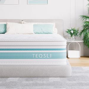 TEQSLI Queen Mattress 12 inch Hybrid Mattress with Gel Memory Foam Innerspring Mattress in a Box for Pressure Relief & Cooling Sleep Queen Size Mattress, 100 Nights Trial