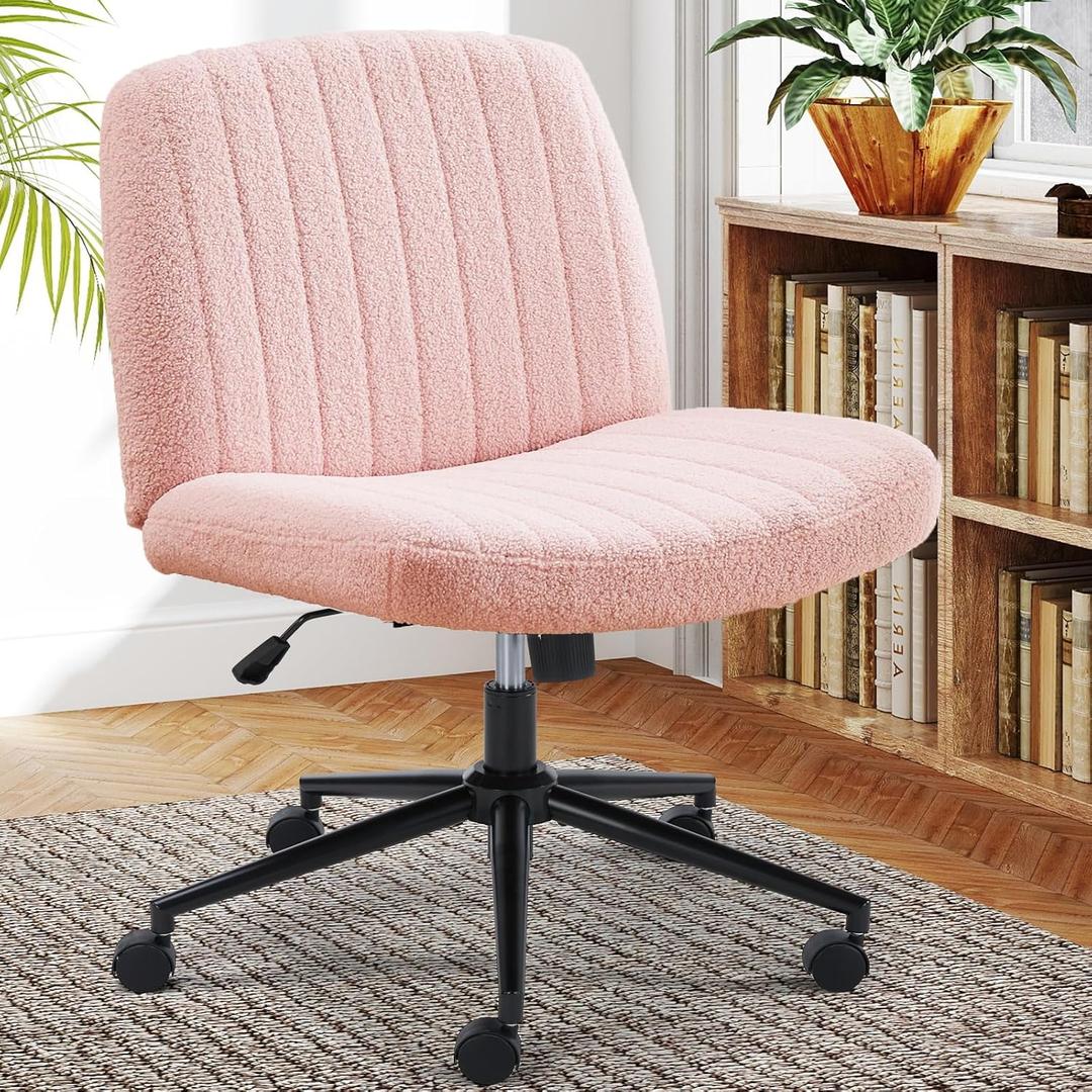 Sweetcrispy Criss Cross Chair Legged with Wheel, Armless Office Swivel Desk Chair with Wheel, Vanity Height Adjustable Wide Seat Comfy Cute Computer Task Seating for Home Bedroom (Teddy Pink)