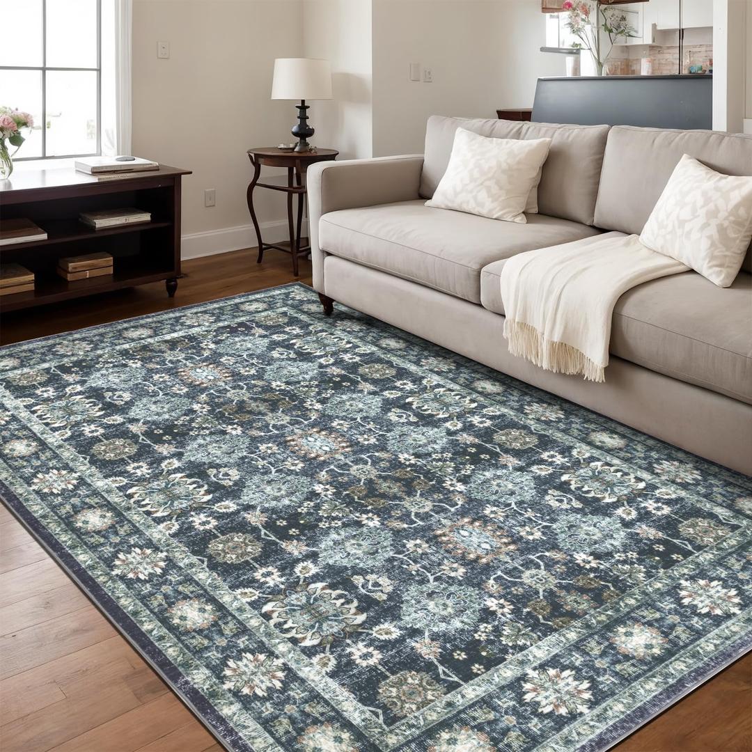 Washable 8×10 Area Rug for Living Room, Vintage Floral Rug Soft Non Slip Stain Resistant Boho Carpet for Indoor Bedroom Dinning Room Home Office Blue/Navy