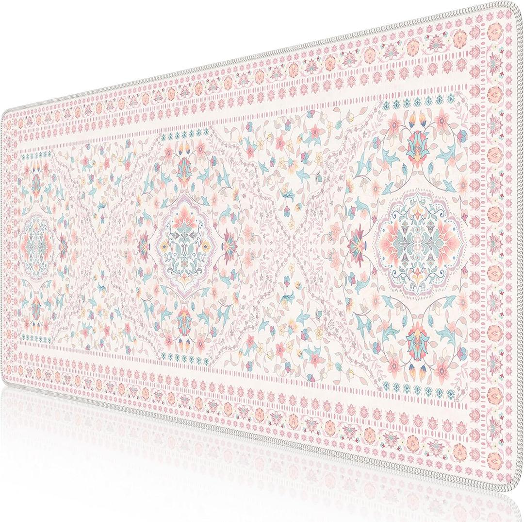 HAOCOO Pink Desk Mat, Non-Slip Office Table Mat, Aesthetic Mouse Pad with Stitched Edge, 35.4" x 15.7" Long Mouse Pad, Waterproof Dorm Desk Mat for Writing, Drawing