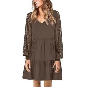 ANRABESS Dresses for Women Casual Lace Long Sleeve V Neck Tiered Swing Flowy Loose A-line Mini Short 2025 Fall Vacation Dress Medium Coffee