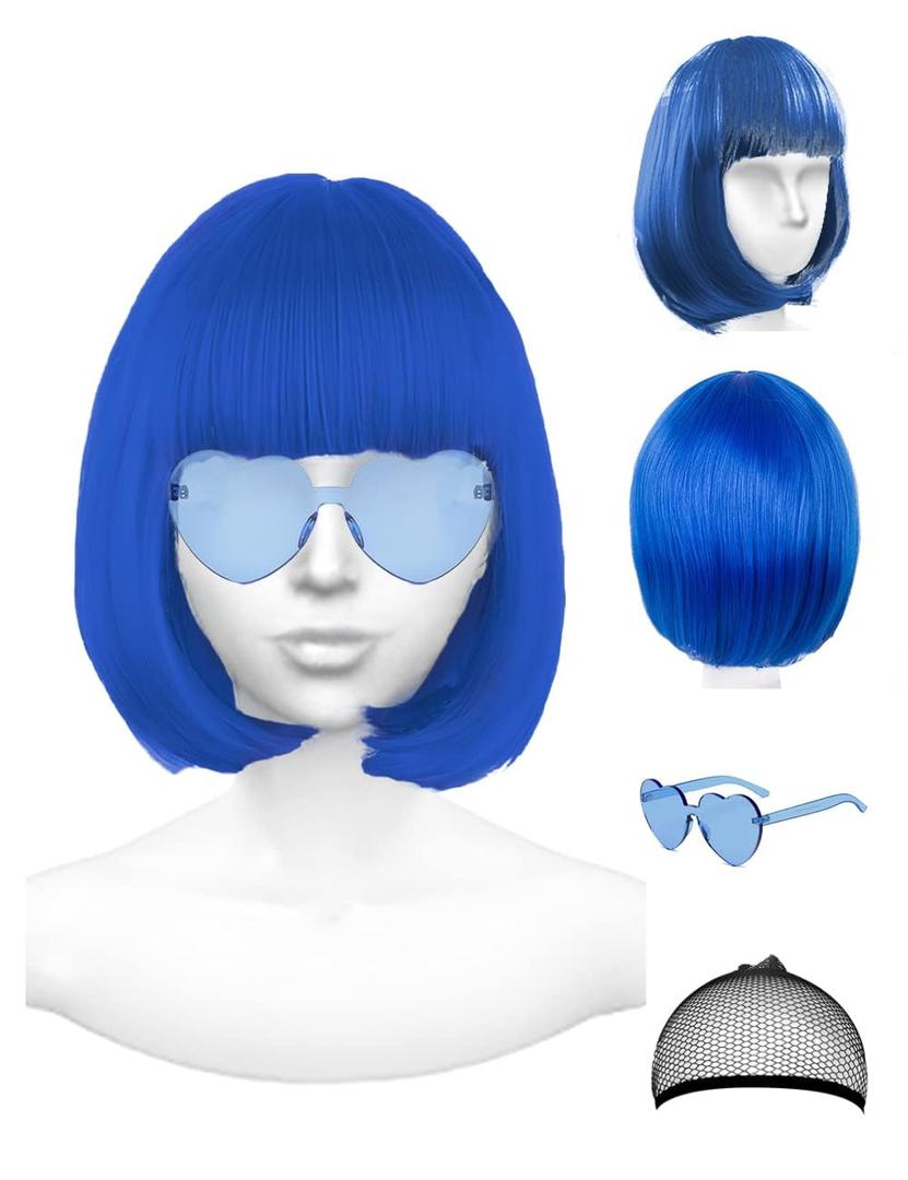 Blue Wig and Party Sunglasses, Color Bob Wig, Cosplay Wigs and Party Wigs, Rainbow Wig with Neon Glasses Blue Wig for Women - Bachelorette Party Wigs Decorations Favors (Blue)