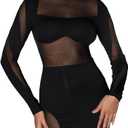 GORGLITTER Women's Sheer Mesh Cut Out Bodycon Dress Long Sleeve Mock Neck Mini Pencil Dresses (Large, Black)