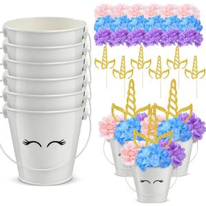 30 Pcs Unicorn Party Table Centerpiece Decorations Include Hydrangea Unicorn Horn Toppers and Metal Buckets for Unicorn Birthday Party Baby Shower Supplies