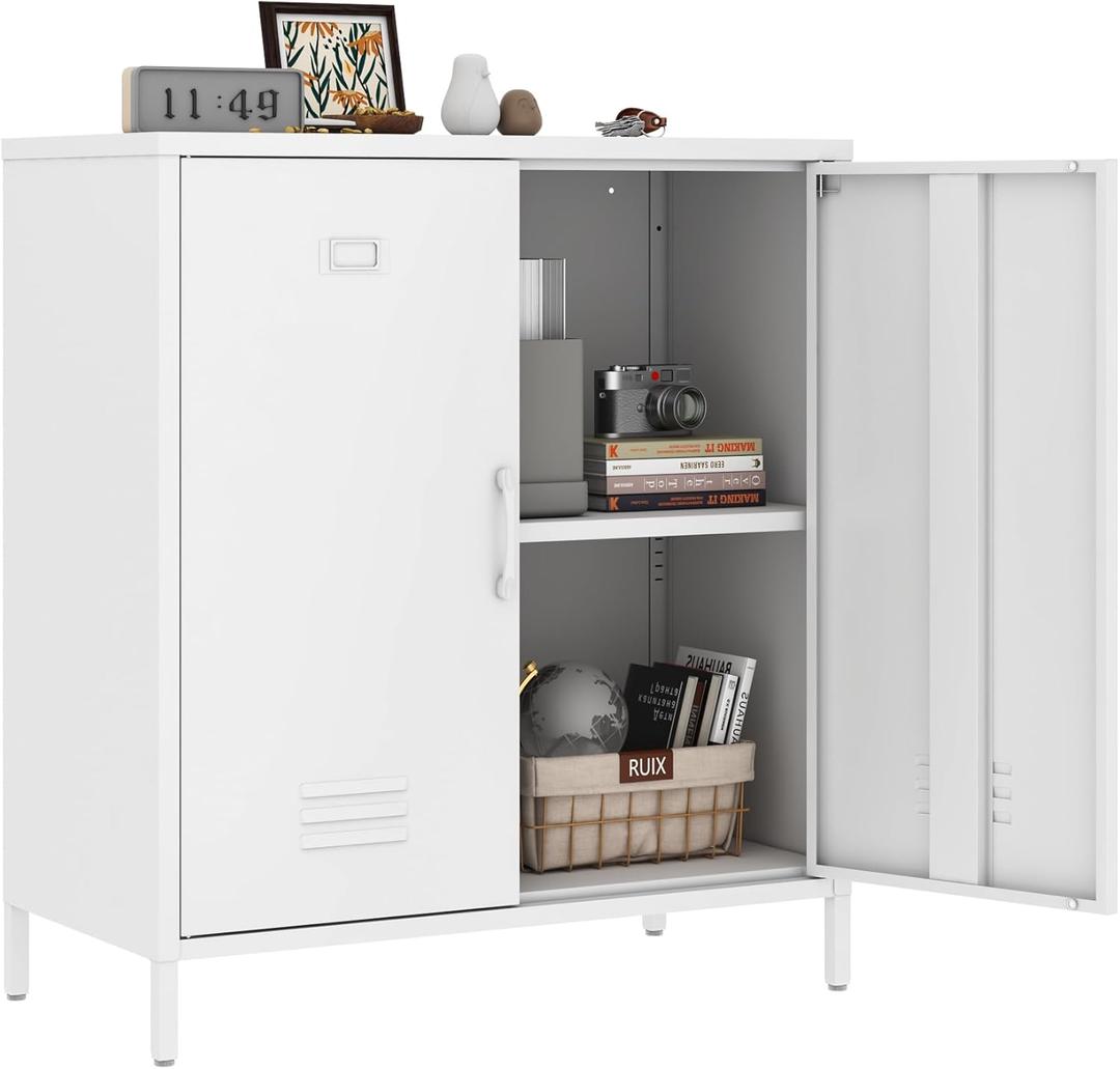 Metal Storage Cabinet with 2 Door, Steel Locker Sideboard Buffet Cabinet Console Table for Home Office (White)