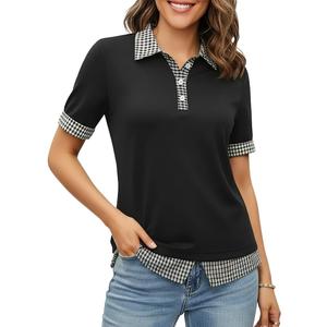 Disamer Womens Summer Tops Spring Fashion 2026 Short Sleeve Shirts Patchwork Button V Neck Tunic Tops Casual Work Blouses (Medium, Plaid Black)