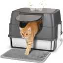 Stainless Steel Litter Box with Lid, Side Entry Large Enclosed Cat Litterbox for Kitty & Multi-Cat, Flip Cover Easy to Clean, High Sided Metal Cat Litter Pan with Scoop, Mat, Anti-Leakage, Non-Sticky