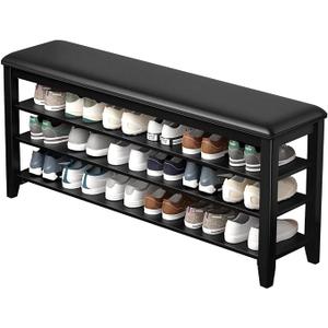 Taitiy Shoe Rack Bench, 3 Tier Adjustable Shelves Wood Entryway 23.6'' | Shoe Storage Bench with Cushion, Solid Wood, for Hallway, Bedroom Closet, Space Saving Storage, Size: 47.2''