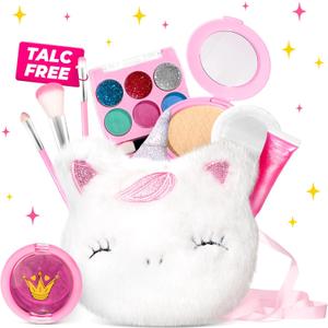 ULOVEME Talc Free Safe Makeup for Girls 4-6 with Small Coin Purse(5.5x5.25in) -My First Makeup Set - Hypoallergenic, Washable, Real, Non Toxic- Princess Dress Up Toys (White Umicorn v2)