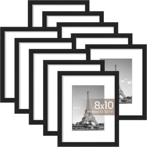 Upsimples 8x10 Picture Frame Set of 10, Display Pictures 5x7 with Mat or 8x10 Without, Multi Photo Frames Collage for Wall or Tabletop Display, Black